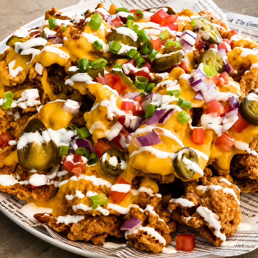 Loaded crispy chicken skin nachos for sharing at Crspy Bnch in Winnipeg, MB